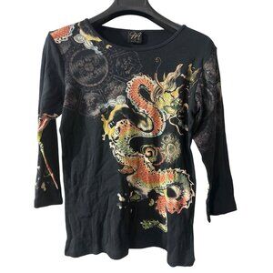 Katina Marie Womens Black Long Sleeve Top With Multicolor Dragon Design M